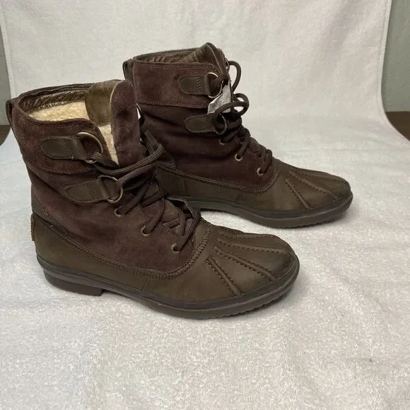 UGG Azaria Boots Women 6.5 Brown Suede Leather Waterproof Shearling Lined Casual - Picture 1 of 11